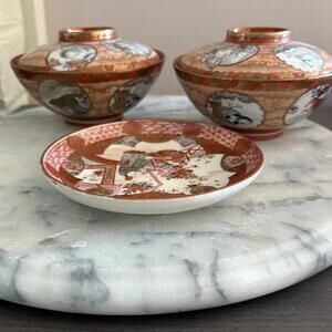 Antique Kutani Covered Bowls & Plate Meiji-Taisho Era Animal Zodiac Motif 1920s